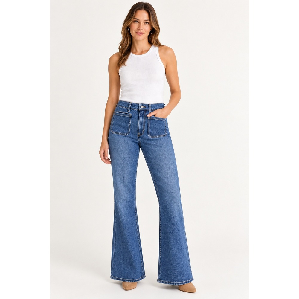 J.Crew 96 Flare Jeans 29 Blue NEW High Rise Patch Pocket RE-96-IDG